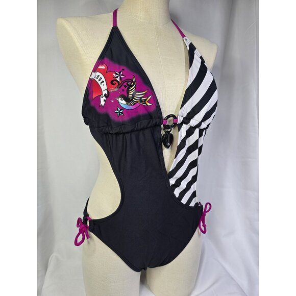 Y2K Black Pink Cutout Swimsuit One Piece Punk Grunge Tattoo Art Beach Sexy Edgy - Picture 6 of 16
